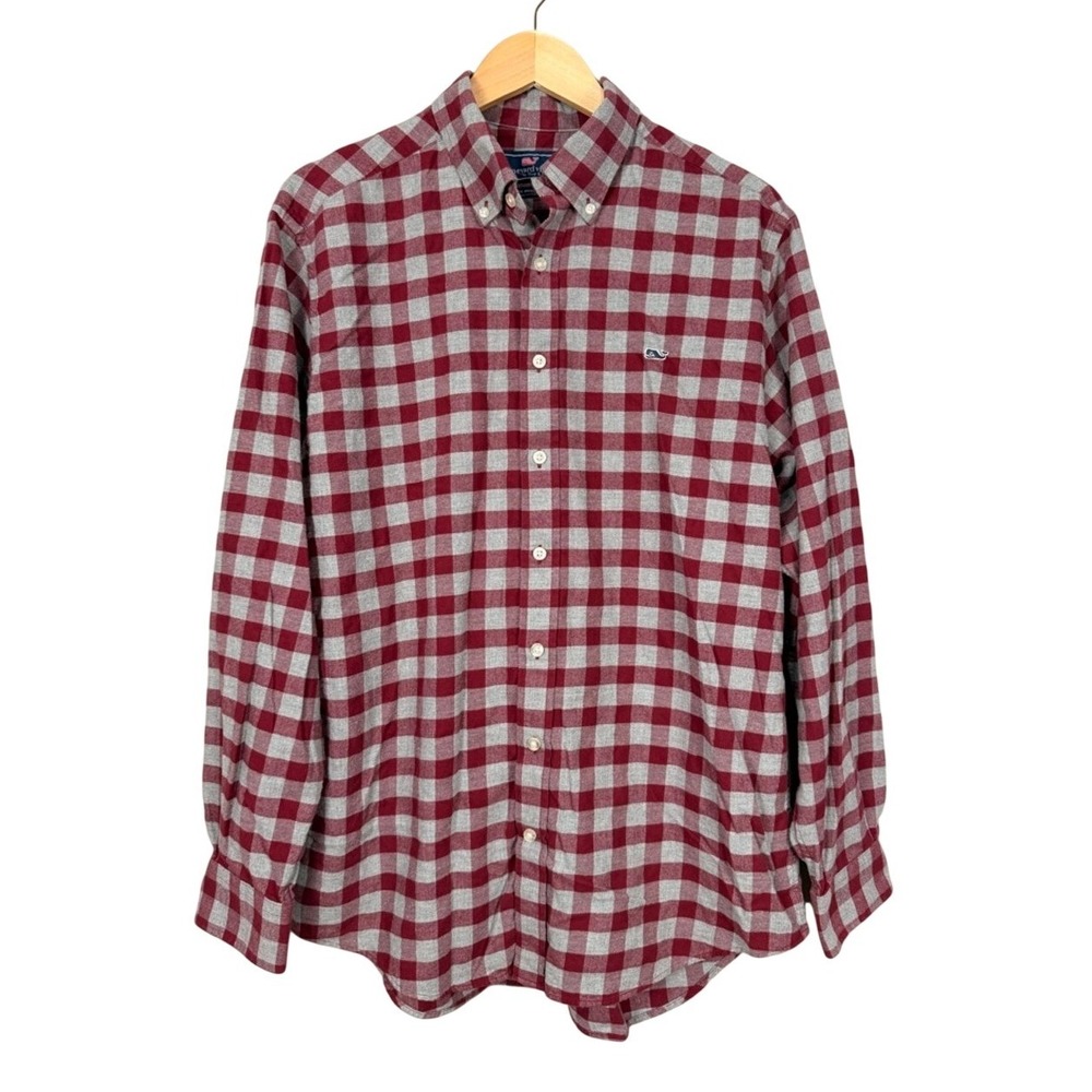 Vineyard Vines Mens Red Gray Plaid Slim Fit‎ Whale Button Down Long Sleeve L